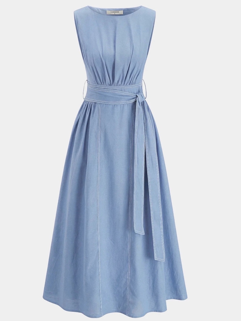 Commense Light Blue Sleeveless Tie-Waist Midi Dress